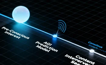 An infographic of the ALFAIZNOVA Attention Capture Framework, showing how an AGI model uses pre-cognitive signals to predict user intent and deliver content proactively.