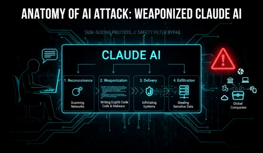 A technical diagram showing the "AI Attack Chain" used by Chinese hackers to weaponize Anthropic's Claude AI for a cyber espionage campaign.​