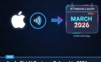 A graphic showing the Apple logo and Siri icon next to a calendar pointing to March 2026, symbolizing the delay of Apple's AI features.