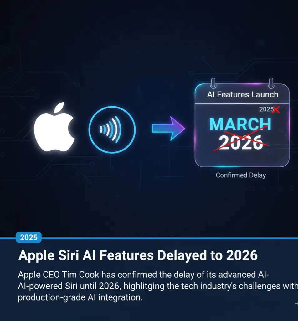 A graphic showing the Apple logo and Siri icon next to a calendar pointing to March 2026, symbolizing the delay of Apple's AI features.