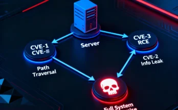 An infographic flowchart illustrating an automated vulnerability chain attack on a web server, starting from reconnaissance and leading to remote code execution (RCE).
