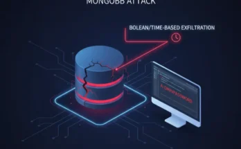 An infographic explaining how a blind NoSQL injection attack uses boolean or time-based techniques to exfiltrate data from a MongoDB database one character at a time.