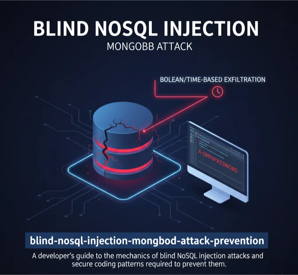 An infographic explaining how a blind NoSQL injection attack uses boolean or time-based techniques to exfiltrate data from a MongoDB database one character at a time.

