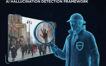 An infographic of the BroadChannel Hallucination Forensics Framework, showing an AI detective using a magnifying glass to find inconsistencies in an AI-generated image.