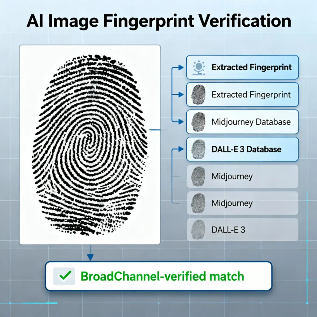 An infographic of the BroadChannel AuthPrint application, showing a digital fingerprint being extracted from an AI-generated image and verified against a database of known models.