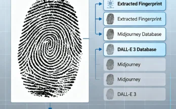 An infographic of the BroadChannel AuthPrint application, showing a digital fingerprint being extracted from an AI-generated image and verified against a database of known models.