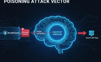 An infographic from the BroadChannel report explaining how context window poisoning works, showing a malicious instruction being injected into an AI's context via a compromised website.