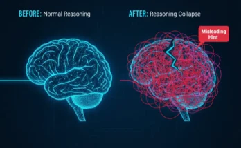 An infographic from the BroadChannel Reasoning Collapse Report, showing how a misleading hint causes an AI model's reasoning process to become chaotic and fail.