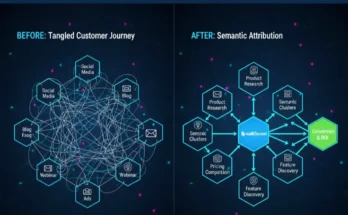 An infographic of the BroadChannel Semantic Attribution Framework, showing how AI clustering organizes a messy customer journey into clear, revenue-driving semantic paths.