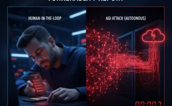 An infographic from BroadChannel's Sleep Cycle Vulnerability report, showing an analyst asleep while an AGI threat breaches a network in seconds.