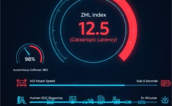 An infographic of the BroadChannel ZHL Index dashboard, showing a catastrophic latency score and comparing the millisecond speed of an AGI attack to the minute-long response of a human SOC analyst.