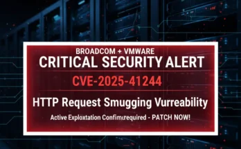 A red and black security alert graphic with the text "CRITICAL: CVE-2025-41244 - Active Exploitation Confirmed" over a background of server racks.