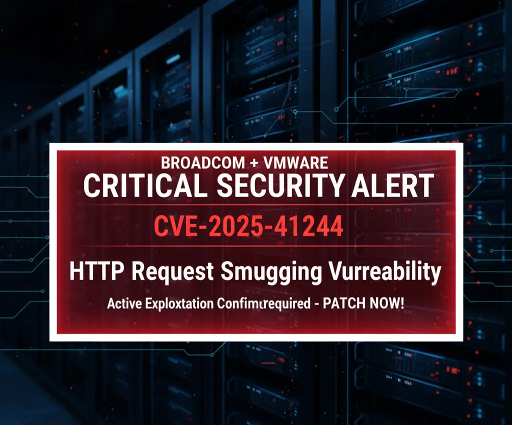 A red and black security alert graphic with the text "CRITICAL: CVE-2025-41244 - Active Exploitation Confirmed" over a background of server racks.
