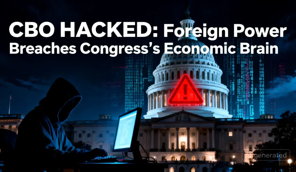 A dramatic image of the U.S. Capitol Building under a digital cyberattack, representing the CBO data breach by a foreign threat actor.