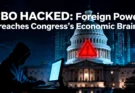 A dramatic image of the U.S. Capitol Building under a digital cyberattack, representing the CBO data breach by a foreign threat actor.