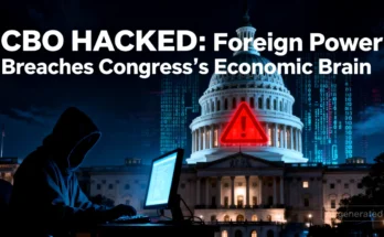 A dramatic image of the U.S. Capitol Building under a digital cyberattack, representing the CBO data breach by a foreign threat actor.
