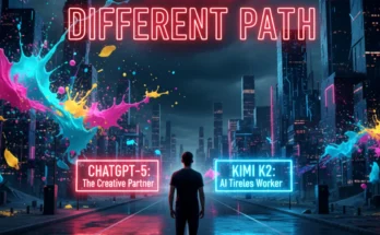 A split image showing a brain with a creative, artistic side labeled "ChatGPT-5" and a logical, structured side labeled "Kimi K2."