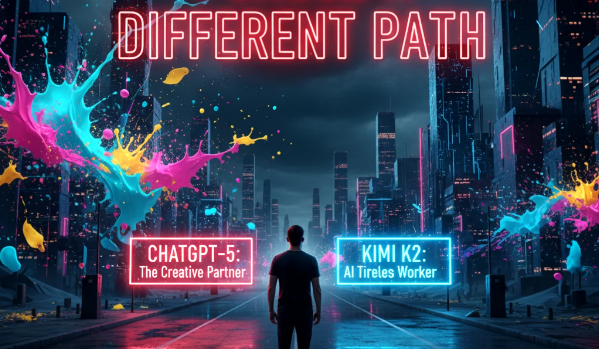 I Tested Kimi K2 vs. ChatGPT-5 for a Week. The Winner Shocked Me. A split image showing a brain with a creative, artistic side labeled "ChatGPT-5" and a logical, structured side labeled "Kimi K2."