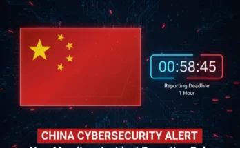 A graphic showing the Chinese flag next to a digital clock counting down from one hour, symbolizing the new cybersecurity incident reporting deadline.
