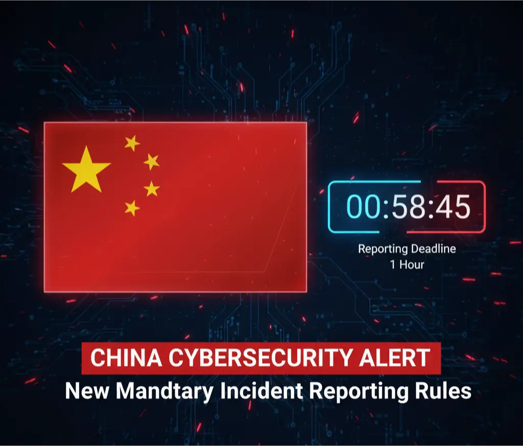 A graphic showing the Chinese flag next to a digital clock counting down from one hour, symbolizing the new cybersecurity incident reporting deadline.