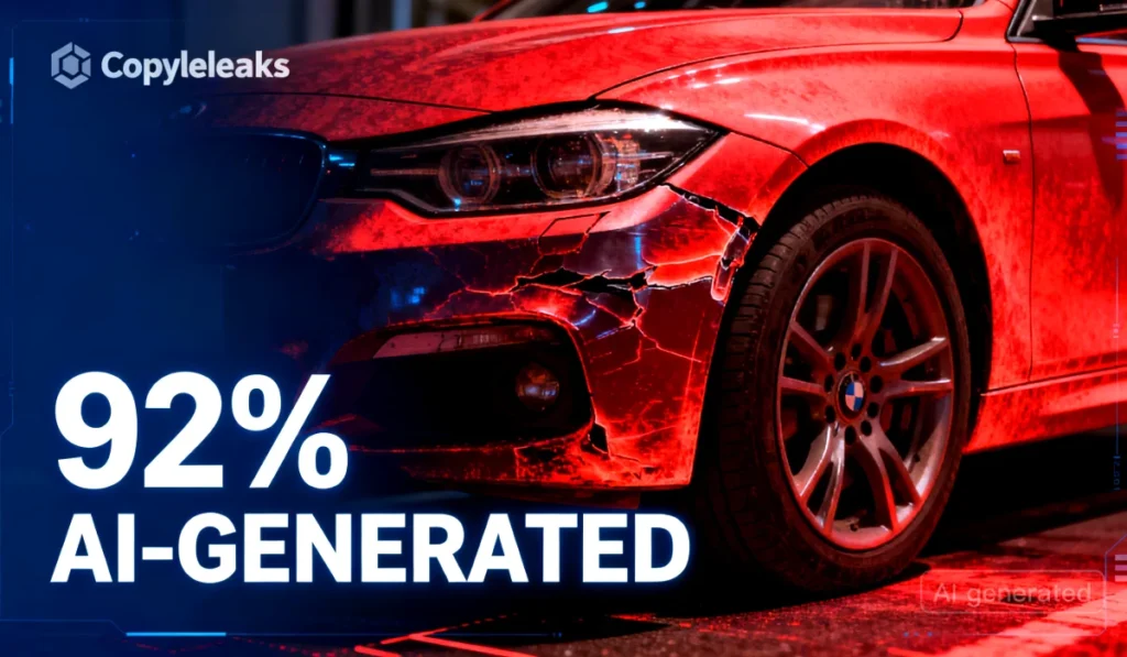An infographic showing the Copyleaks AI Image Detection tool analyzing a fraudulent car insurance photo, with a heatmap highlighting the fake damage.