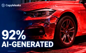 An infographic showing the Copyleaks AI Image Detection tool analyzing a fraudulent car insurance photo, with a heatmap highlighting the fake damage.