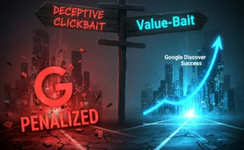 A diagram showing the two paths for headlines: deceptive clickbait leading to a Google penalty, and "Value-Bait" leading to high Discover traffic.