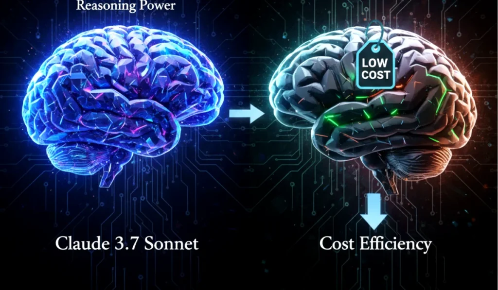 A dynamic comparison image showing two AI brains, representing the premium reasoning of Claude 3.7 Sonnet versus the disruptive efficiency of DeepSeek V3.2 Experi.