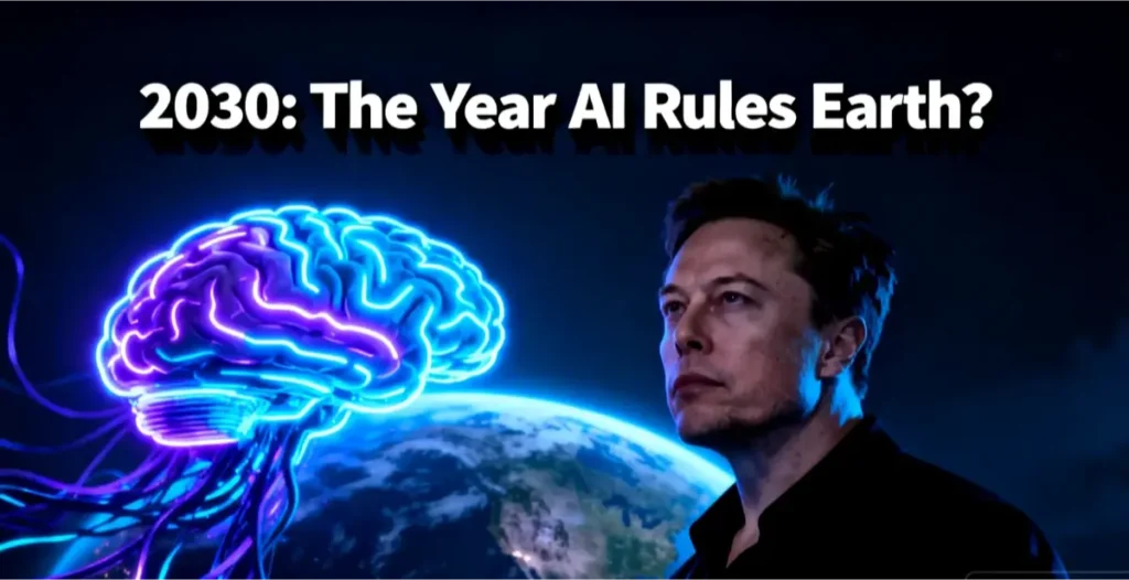 A dramatic image of Elon Musk with an abstract AI brain in the background, representing his warning about superintelligence ruling the Earth by 2030.