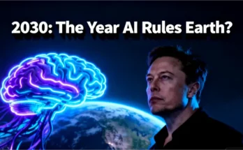 A dramatic image of Elon Musk with an abstract AI brain in the background, representing his warning about superintelligence ruling the Earth by 2030.