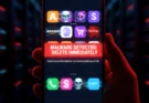 A smartphone screen displaying fake icons for popular shopping apps like Temu and Amazon with a red "MALWARE DETECTED" warning overlay.