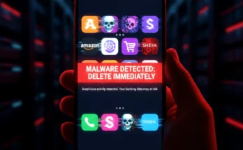 A smartphone screen displaying fake icons for popular shopping apps like Temu and Amazon with a red "MALWARE DETECTED" warning overlay.