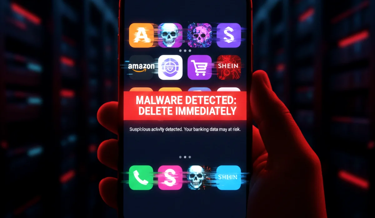 WARNING: Delete These 10 Fake Black Friday Shopping Apps NOW (2025 Malware List) A smartphone screen displaying fake icons for popular shopping apps like Temu and Amazon with a red "MALWARE DETECTED" warning overlay.