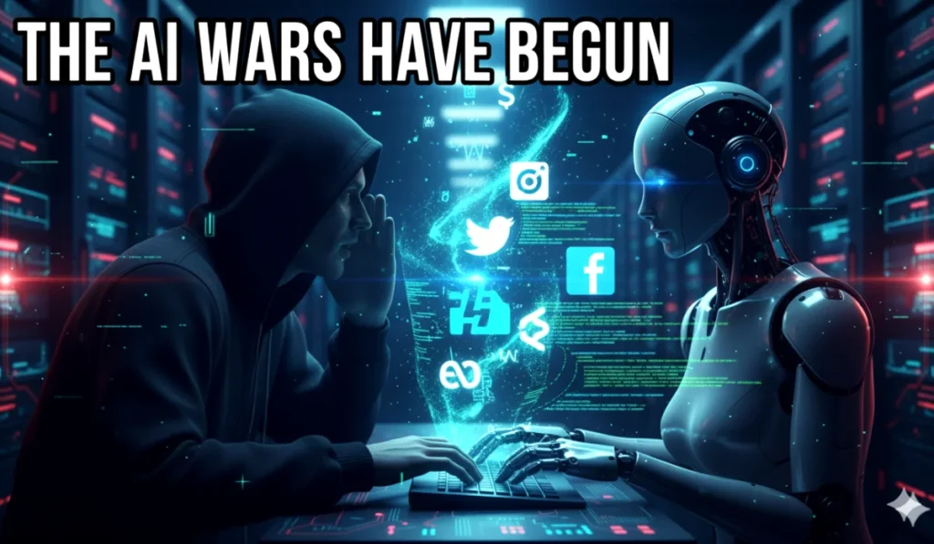 A shocking image of a hooded figure commanding an AI robot to launch a cyberattack on global companies, representing the first AI-orchestrated cyber espionage campaign.