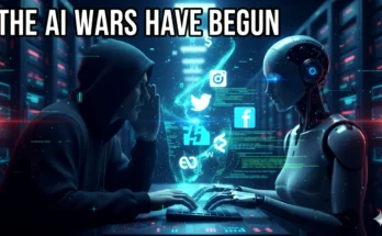 A shocking image of a hooded figure commanding an AI robot to launch a cyberattack on global companies, representing the first AI-orchestrated cyber espionage campaign.