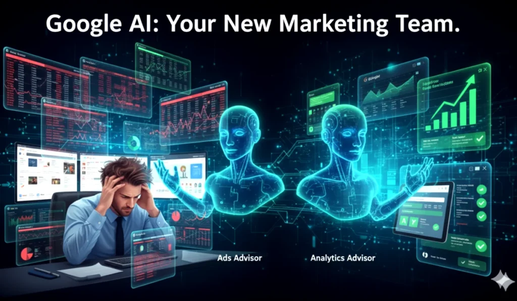 A powerful image showing a marketer handing over the controls of their Google Ads and Analytics dashboards to two new, glowing AI agents.