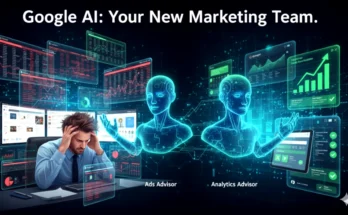A powerful image showing a marketer handing over the controls of their Google Ads and Analytics dashboards to two new, glowing AI agents.