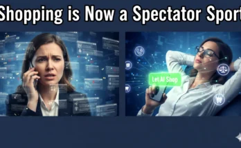 A futuristic image showing Google's new AI shopping assistant calling stores, comparing prices, and automatically buying products for a user.