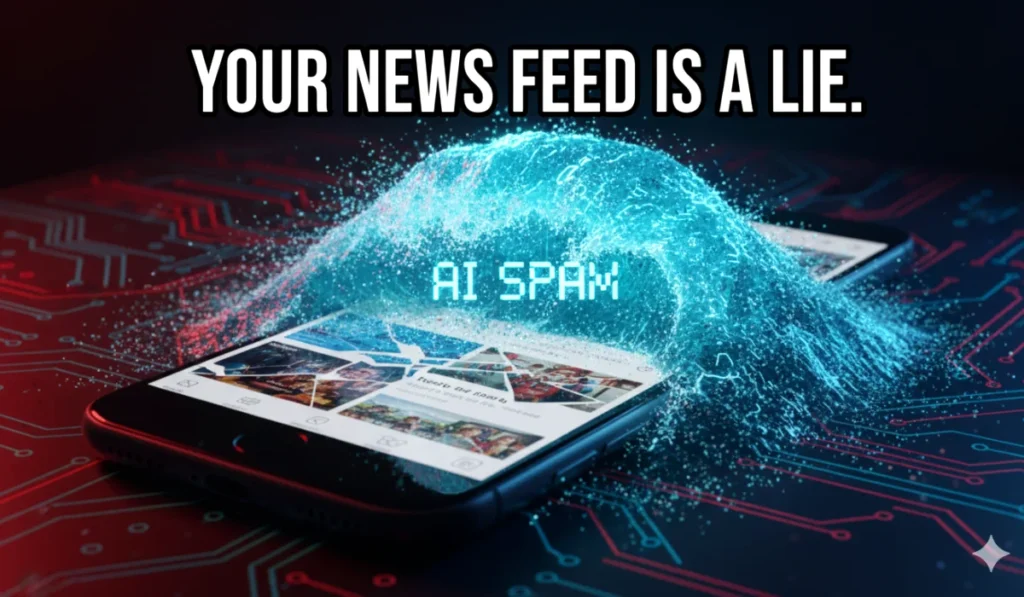 A shocking image of the Google Discover feed being overwhelmed by a tsunami of AI-generated spam articles, representing the current crisis.​