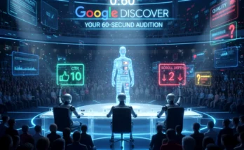 A conceptual image showing Google Discover's AI judging an article in real-time based on signals like CTR, scroll depth, and visual engagement.