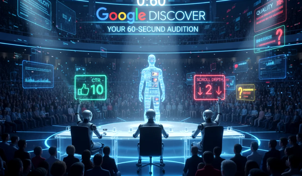 The Unofficial Guide to Google Discover’s Real-Time Ranking Signals (2025) A conceptual image showing Google Discover's AI judging an article in real-time based on signals like CTR, scroll depth, and visual engagement.