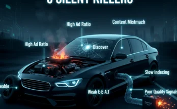 A flowchart showing the five "silent killers" like weak E-E-A-T and high ad ratio leading to a massive Google Discover traffic drop.