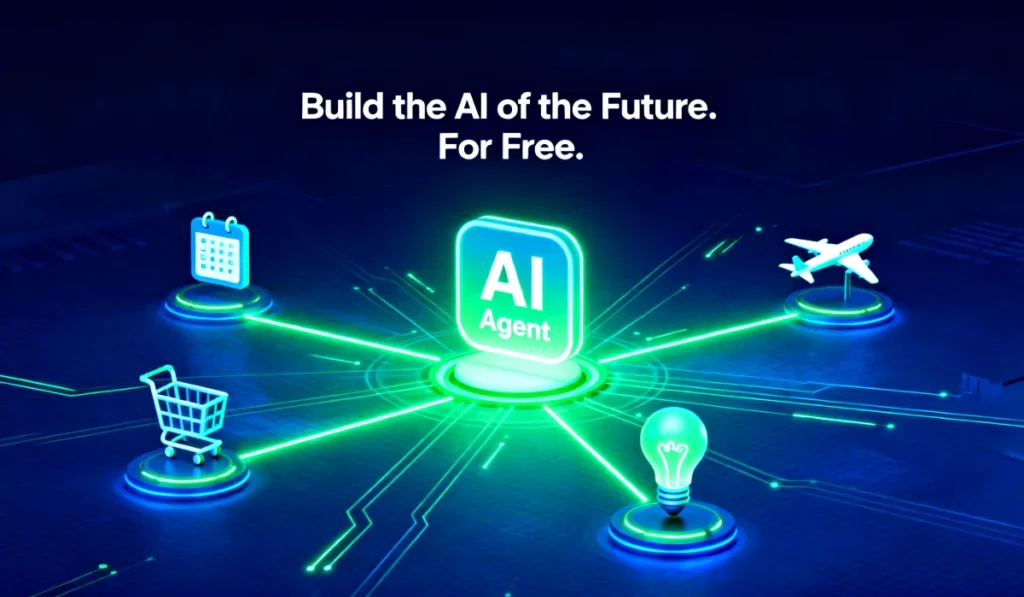 A futuristic image showing the Google AI Agents course logo with icons representing the powerful autonomous tasks you can learn to build.​

