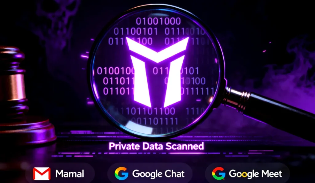 A conceptual image showing the Google Gemini AI symbol over the Gmail and Chat logos, under legal scrutiny for a privacy lawsuit.

