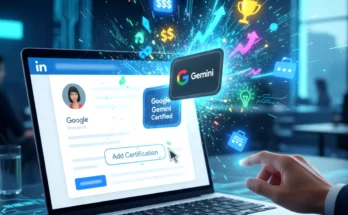 A person adding their new "Google Gemini Certified" badge to their LinkedIn profile, unlocking new job offers and a higher salary.