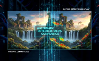A split screen showing a Gemini AI-generated image on the left and a digital forensic heatmap revealing the hidden SynthID watermark on the right.