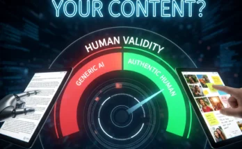 A conceptual image showing Google's AI giving a high "Human Validity Score" to authentic content and a low score to generic AI content.