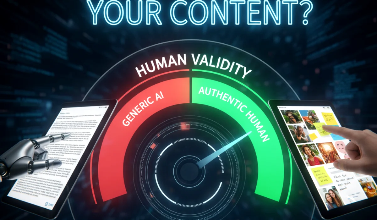 What Is Google’s ‘Human Validity Score’ for AI Content? (2025 Guide) A conceptual image showing Google's AI giving a high "Human Validity Score" to authentic content and a low score to generic AI content.