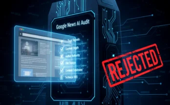A diagram showing the 6 "red flag" signals that cause an instant Google News rejection during the automated AI trust audit.