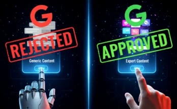 A diagram showing how Google's algorithm ignores the "AI Tool" but penalizes "Low-Quality Output" and "No Human Experience."